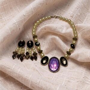 Pearl and Purple & Olive GreenGem Necklace and Earrings Set